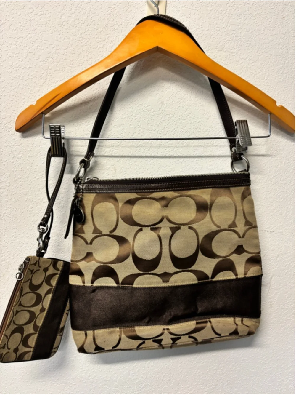 Coach Brown & Beige Signature Canvas Shoulder Bag & Coin Purse Y2K